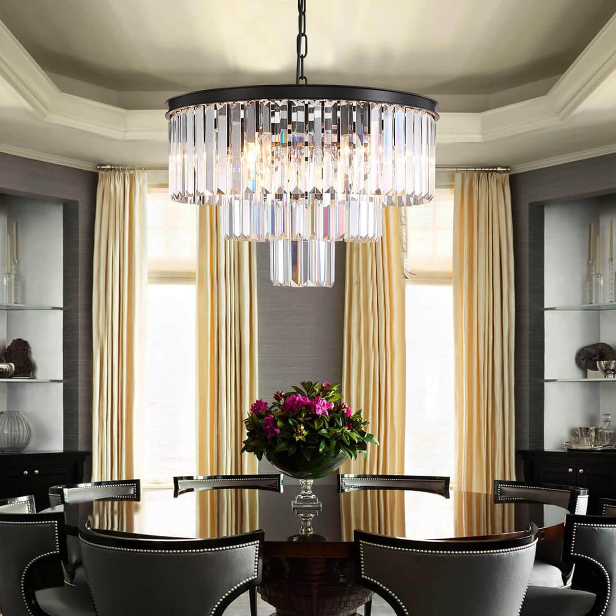 Lustre Cristal Trois Niveaux Noir