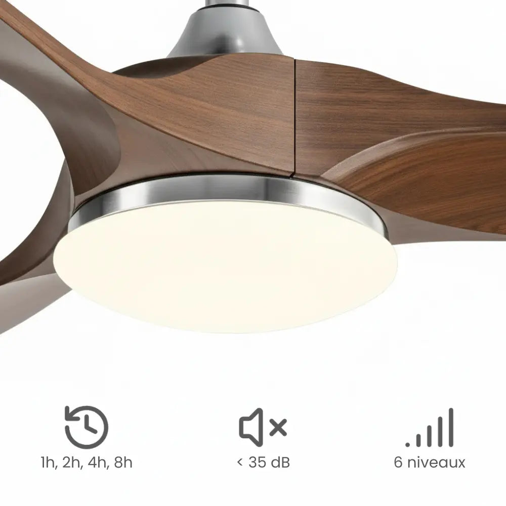 Plafonnier Ventilateur Silencieux Bois Foncé LED vu de face