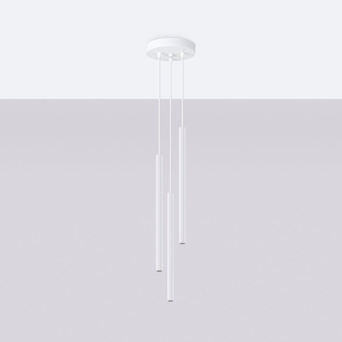Suspension tube fin blanche descendant sur un plafond clair épuré, vue 9