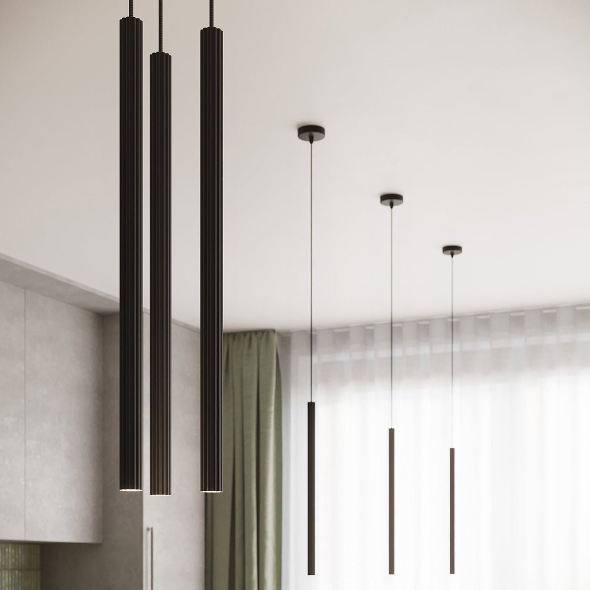 Suspension tube fin beige suspendue au-dessus d'un îlot de cuisine, vue 22