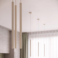 Suspension tube fin beige suspendue au-dessus d'un îlot de cuisine, vue 28