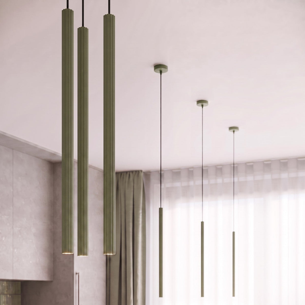 Suspension tube fin beige suspendue au-dessus d'un îlot de cuisine, vue 70