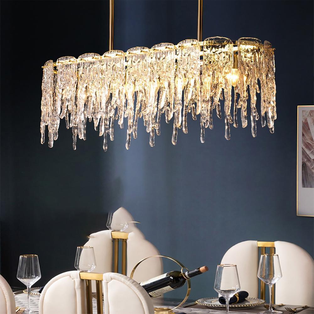 Lustre Rectangulaire Cristal Givré Doré pour Salle à Manger