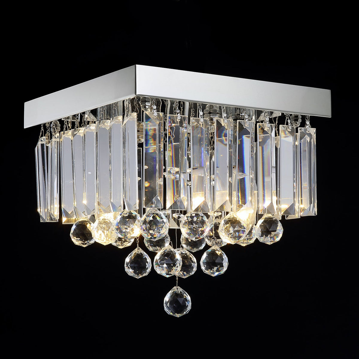 Lustre Carré Cristal Argenté Couloir allumé ambiance