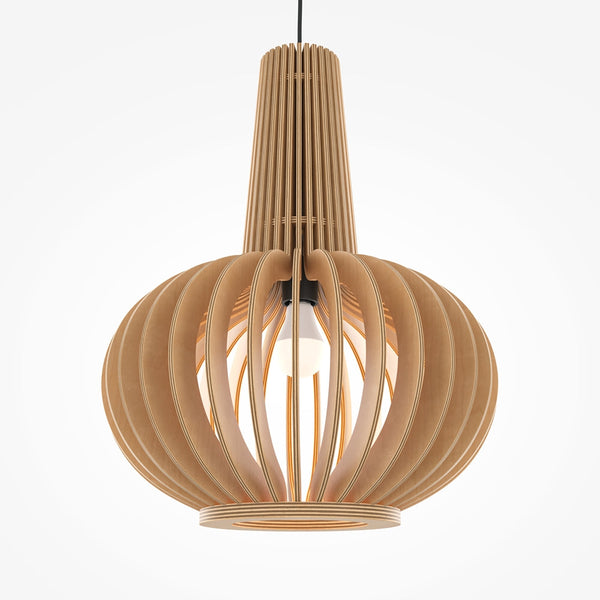 Détail des lames en bois clair de la suspension en bois Léane
