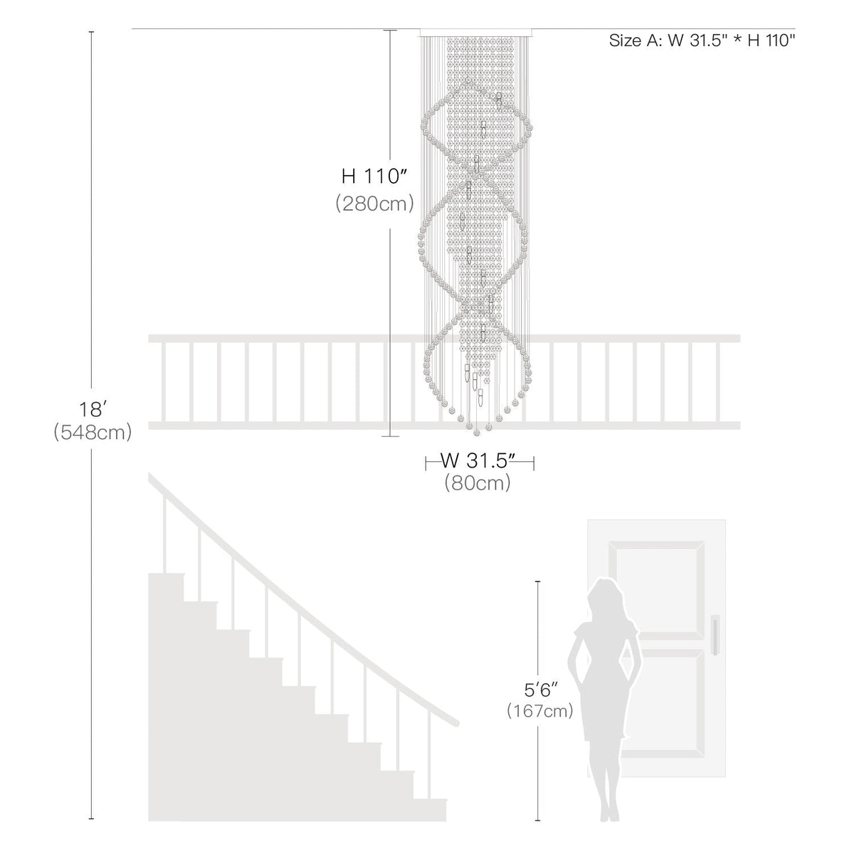 Lustre Double Spirale Cristal Gouttes pour Escalier et Entrée
