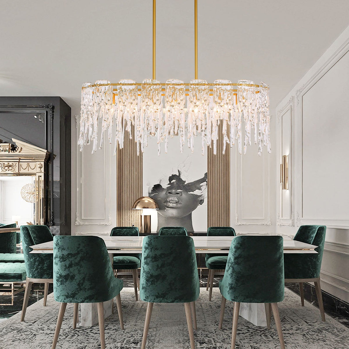 Lustre Rectangulaire Cristal Givré Doré pour Salle à Manger