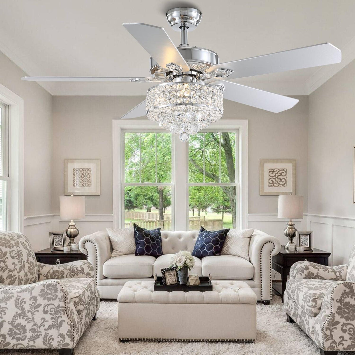 Plafonnier Ventilateur Rond Cristal Argenté 3 Lumières en situation