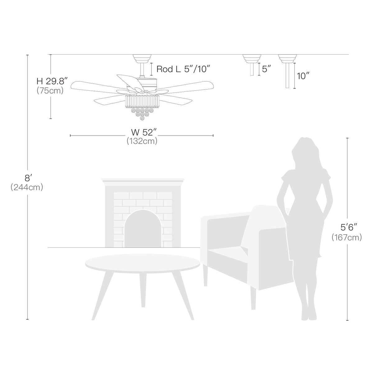 Plafonnier Ventilateur Cristal avec 5 Pales Noires