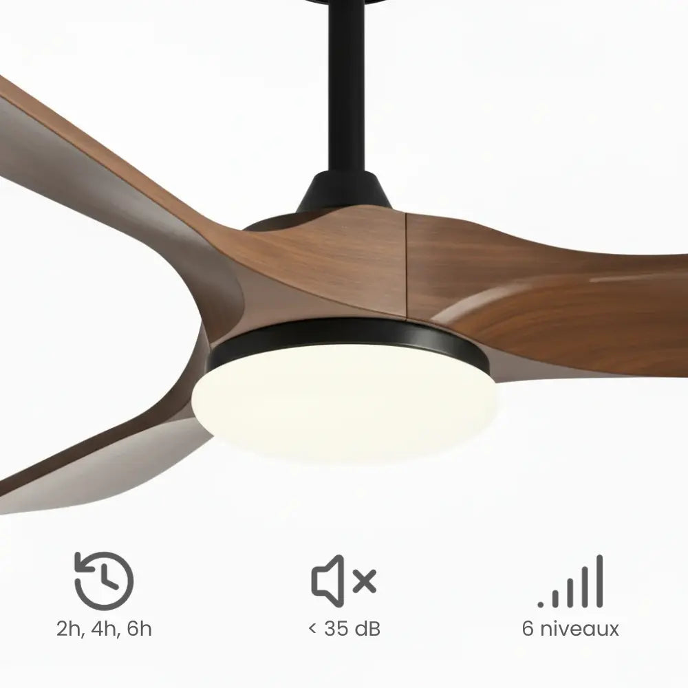 Plafonnier Ventilateur Silencieux Bois Foncé et Noir LED finition bois foncé et noir