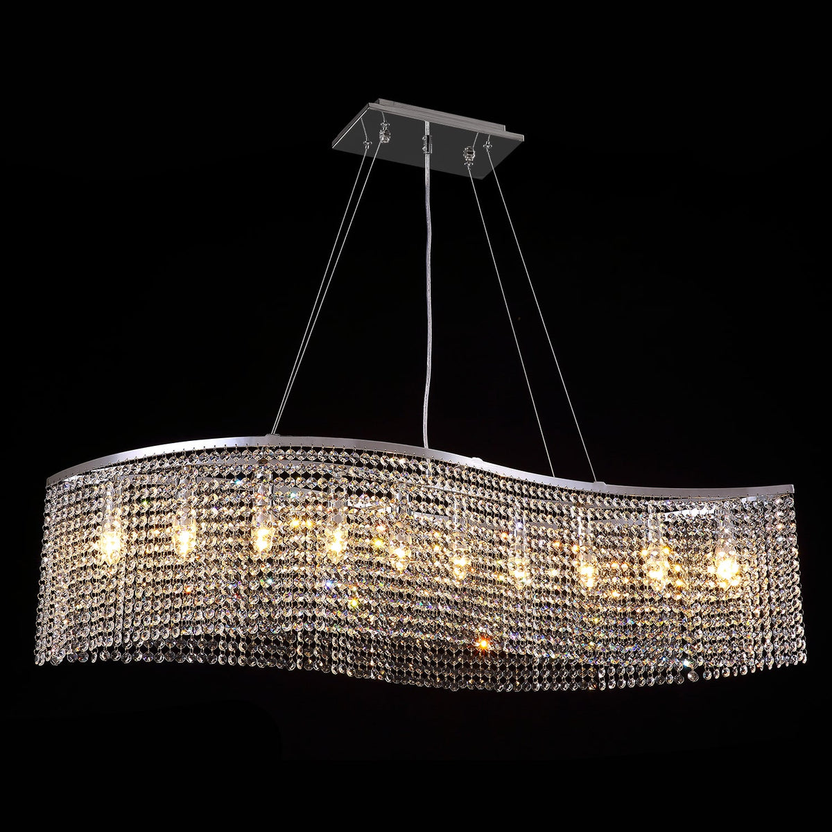 Lustre Rectangulaire Cristal Salle à Manger Vague allumé ambiance