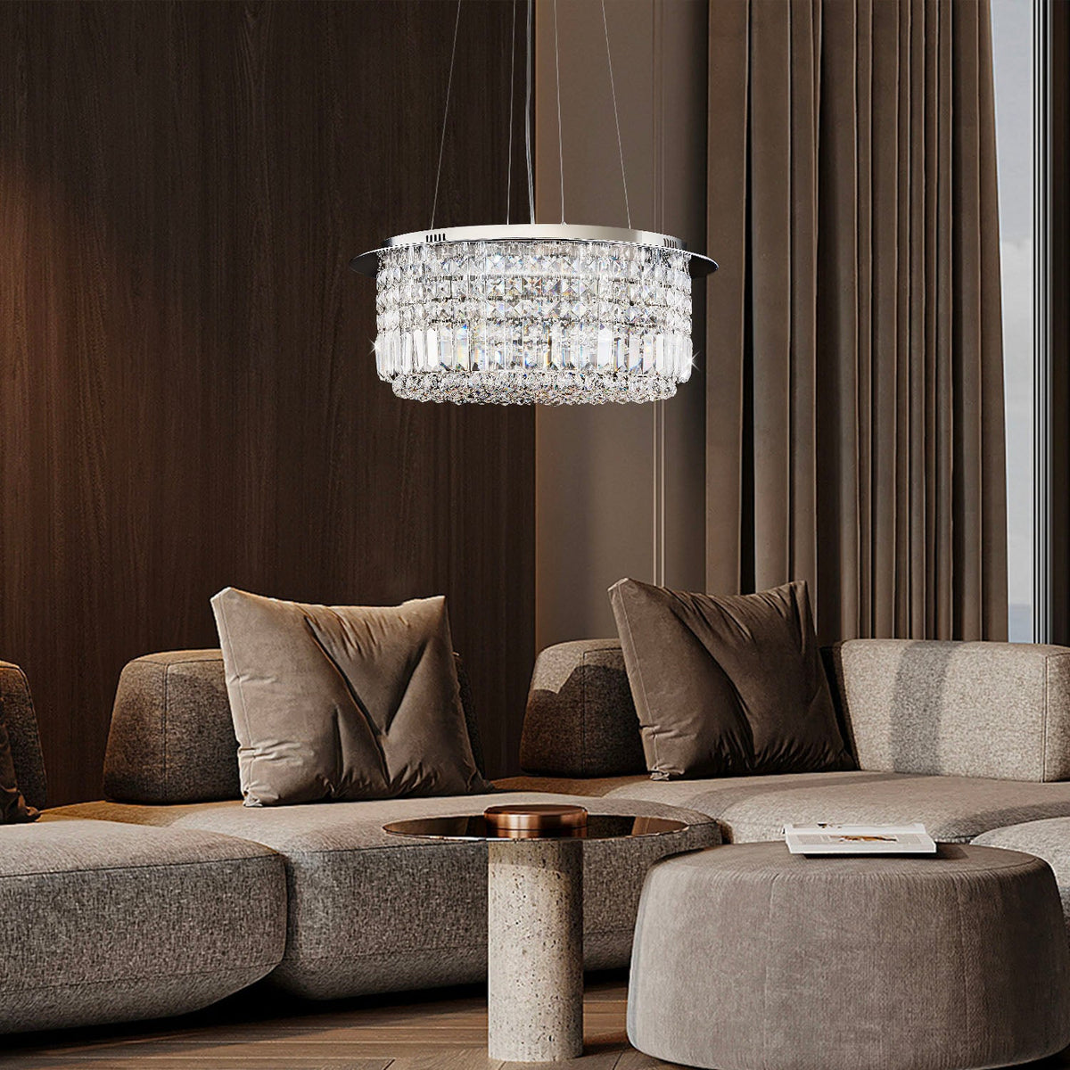 Lustre Rond Cristal Salle à Manger Tambour vue d'ensemble