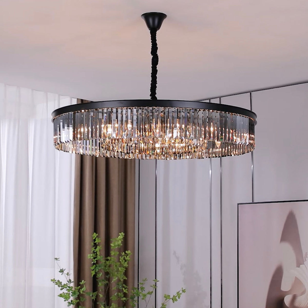 Lustre Rectangulaire Cristal Gris allumé ambiance
