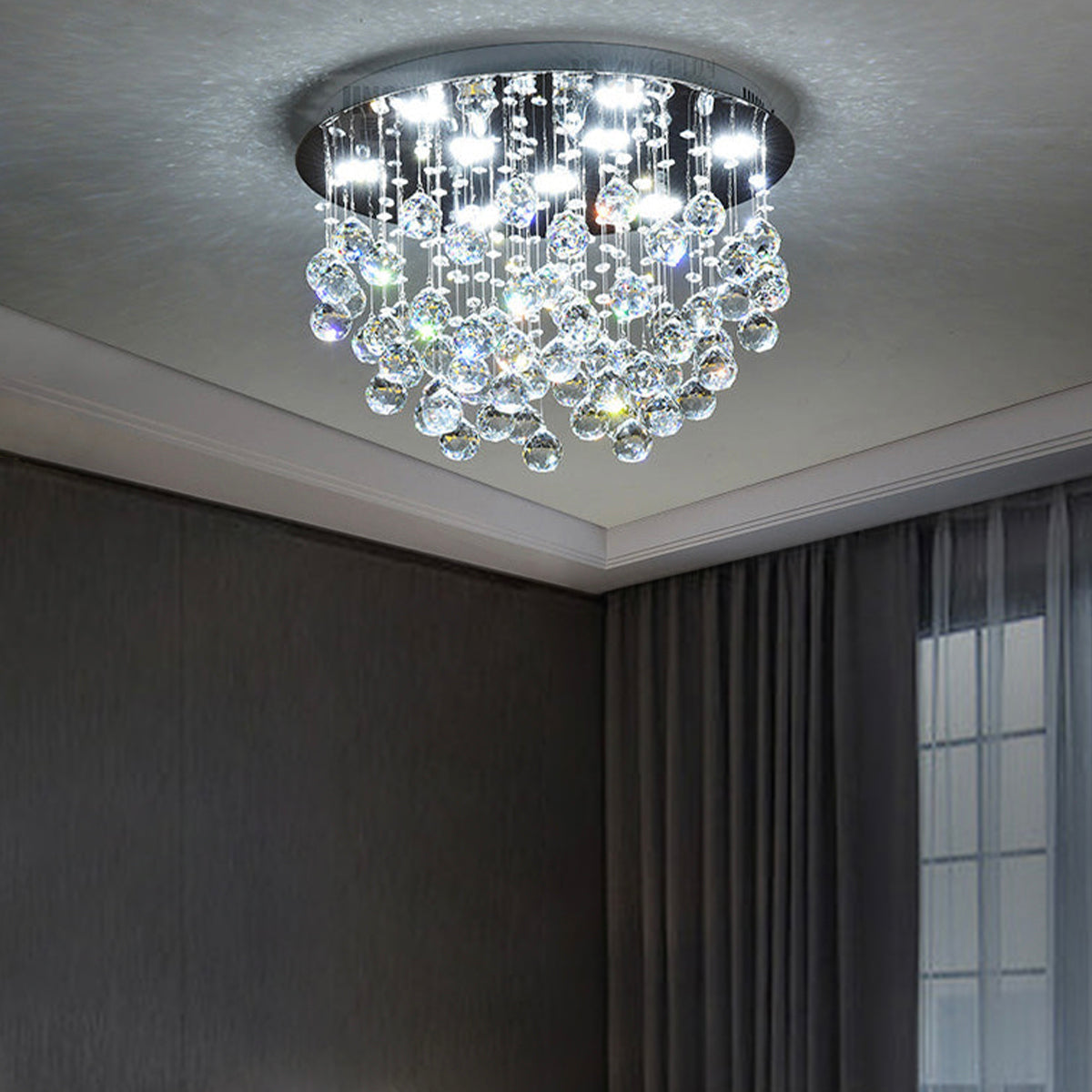 Lustre Rond Cristal Salle à Manger Argenté