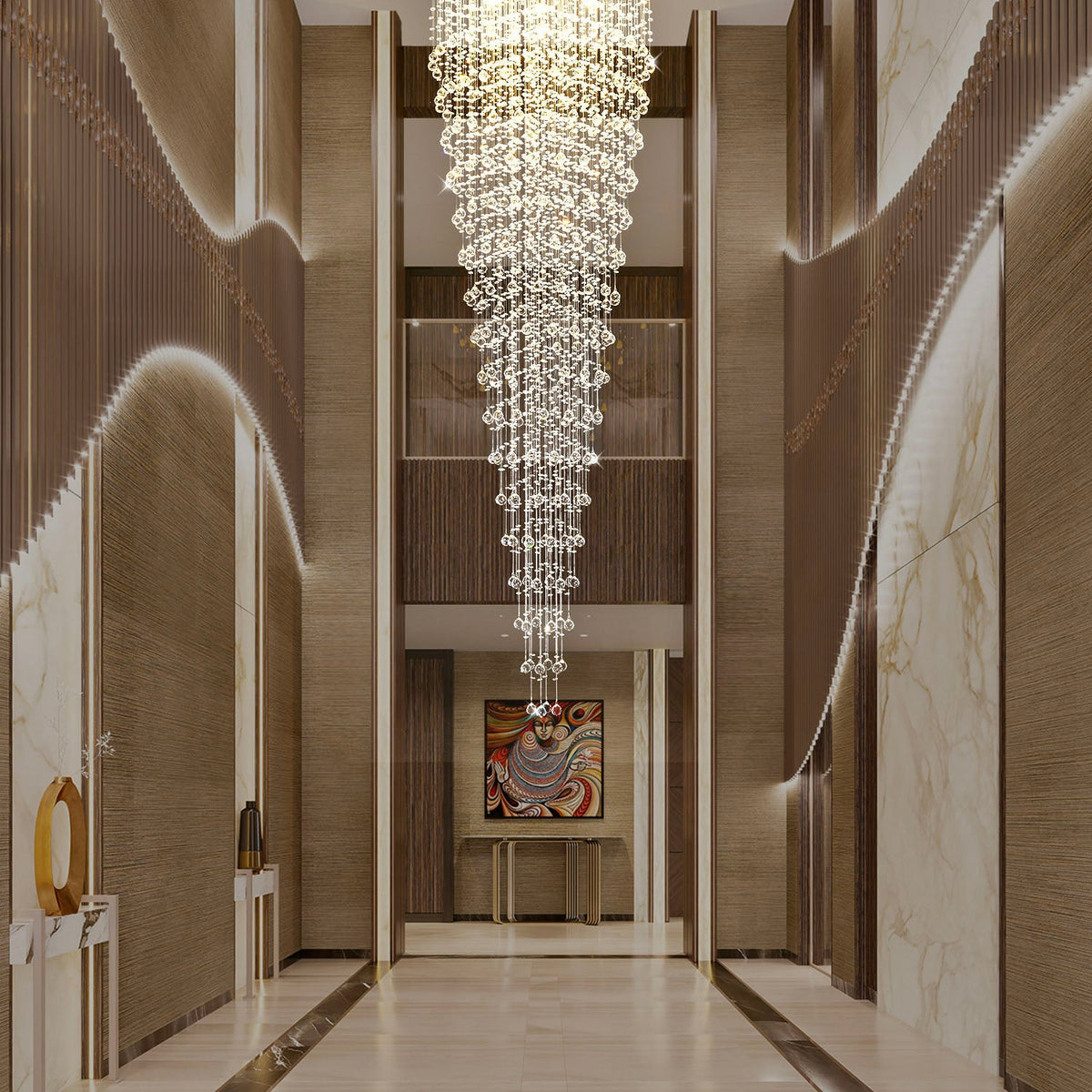 Lustre Rond Pluie Cristal K9 Chrome pour Escalier et Entrée