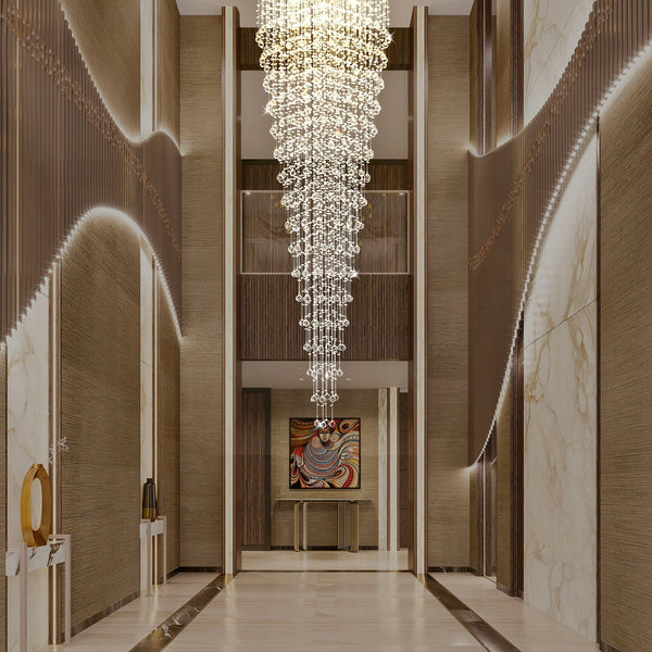 Lustre Rond Pluie Cristal K9 Chrome pour Escalier et Entrée