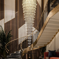Lustre Rond Cascade Cristal Escalier