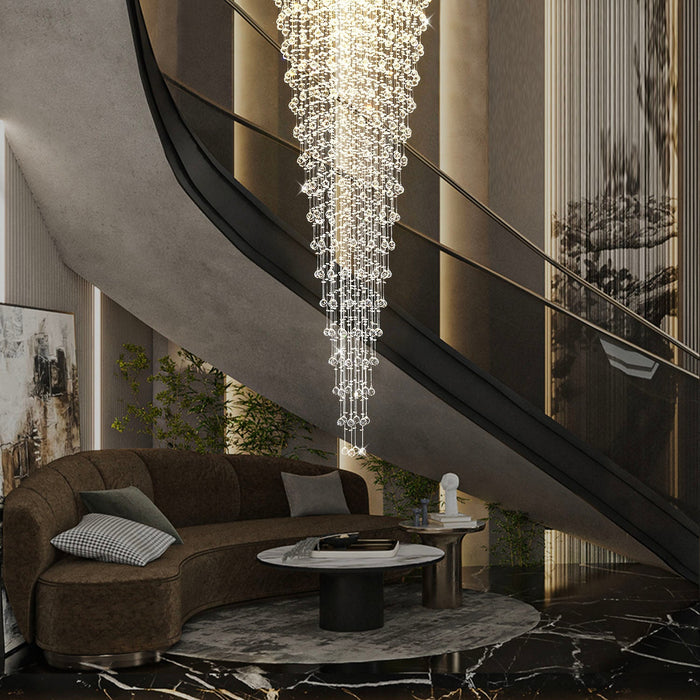 Lustre Rond Pluie Cristal K9 Chrome pour Escalier et Entrée