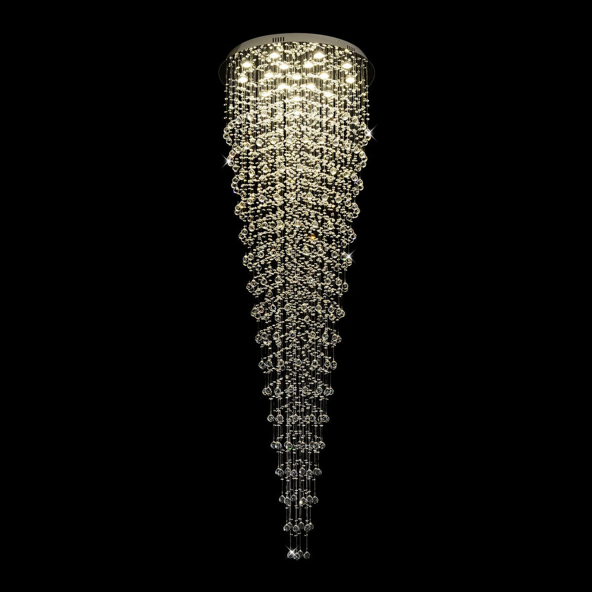 Lustre Rond Pluie Cristal K9 Chrome pour Escalier et Entrée