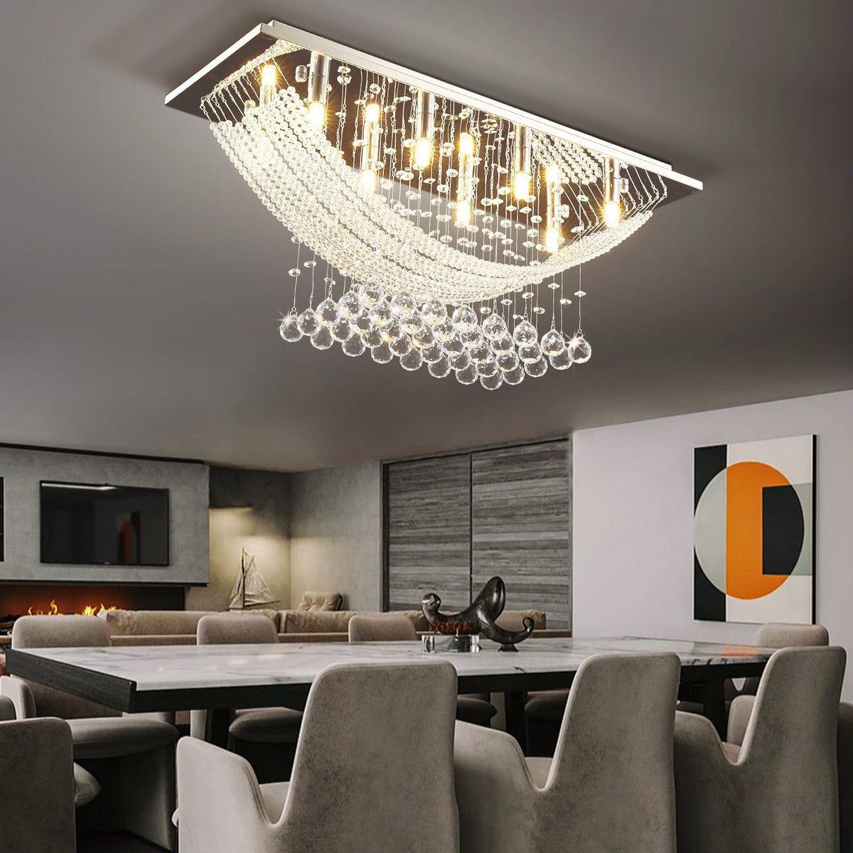 Lustre Arrondi Cristal Salle à Manger vue d'ensemble