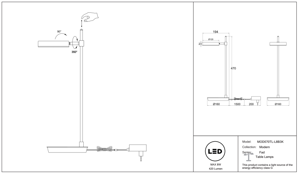Détail de la tête ronde orientable de la lampe de chevet, vue 8