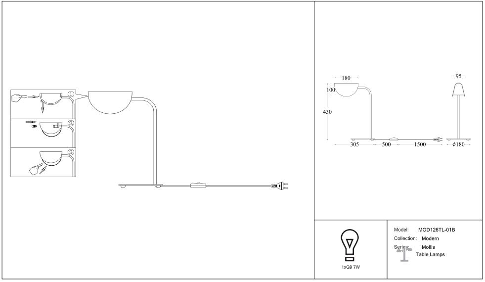 Lampe de chevet feuille en acier noir Mollis allumée, vue 7