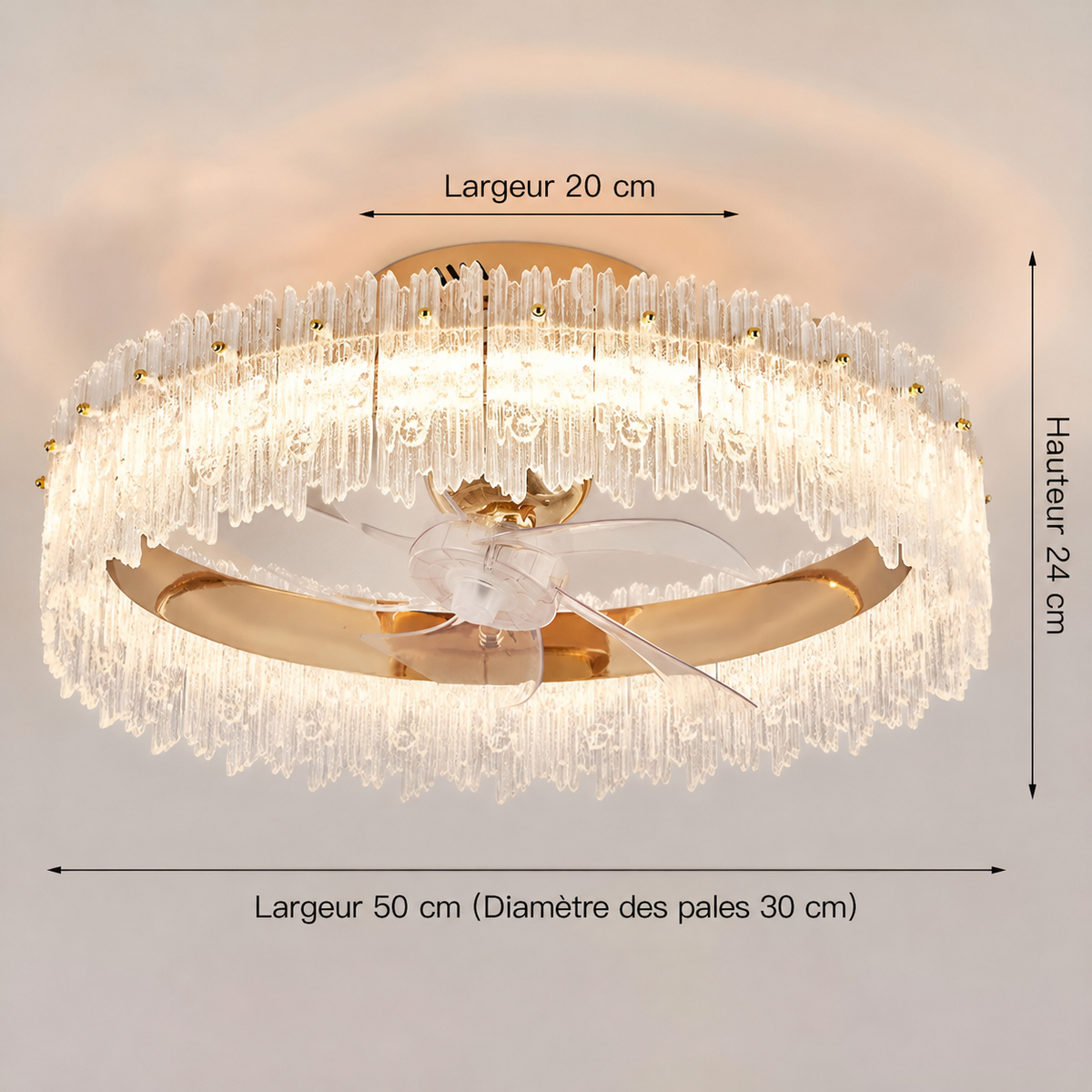 Plafonnier Ventilateur Cristal Doré Oscillant Lumio