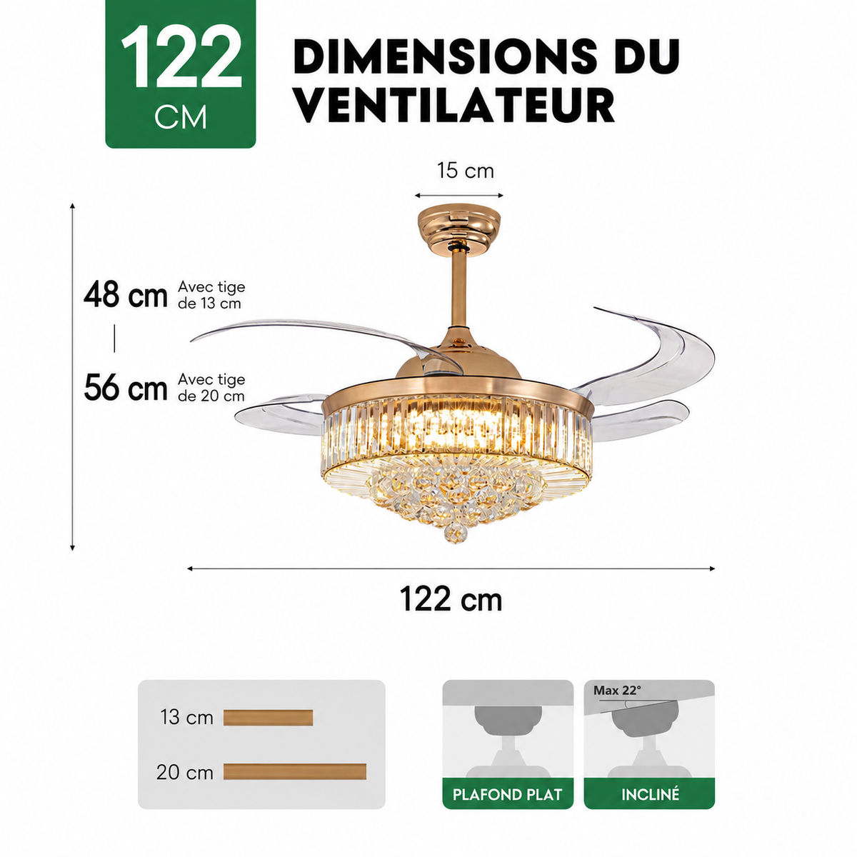 Plafonnier Ventilateur en Cristal pour Salon Lumio