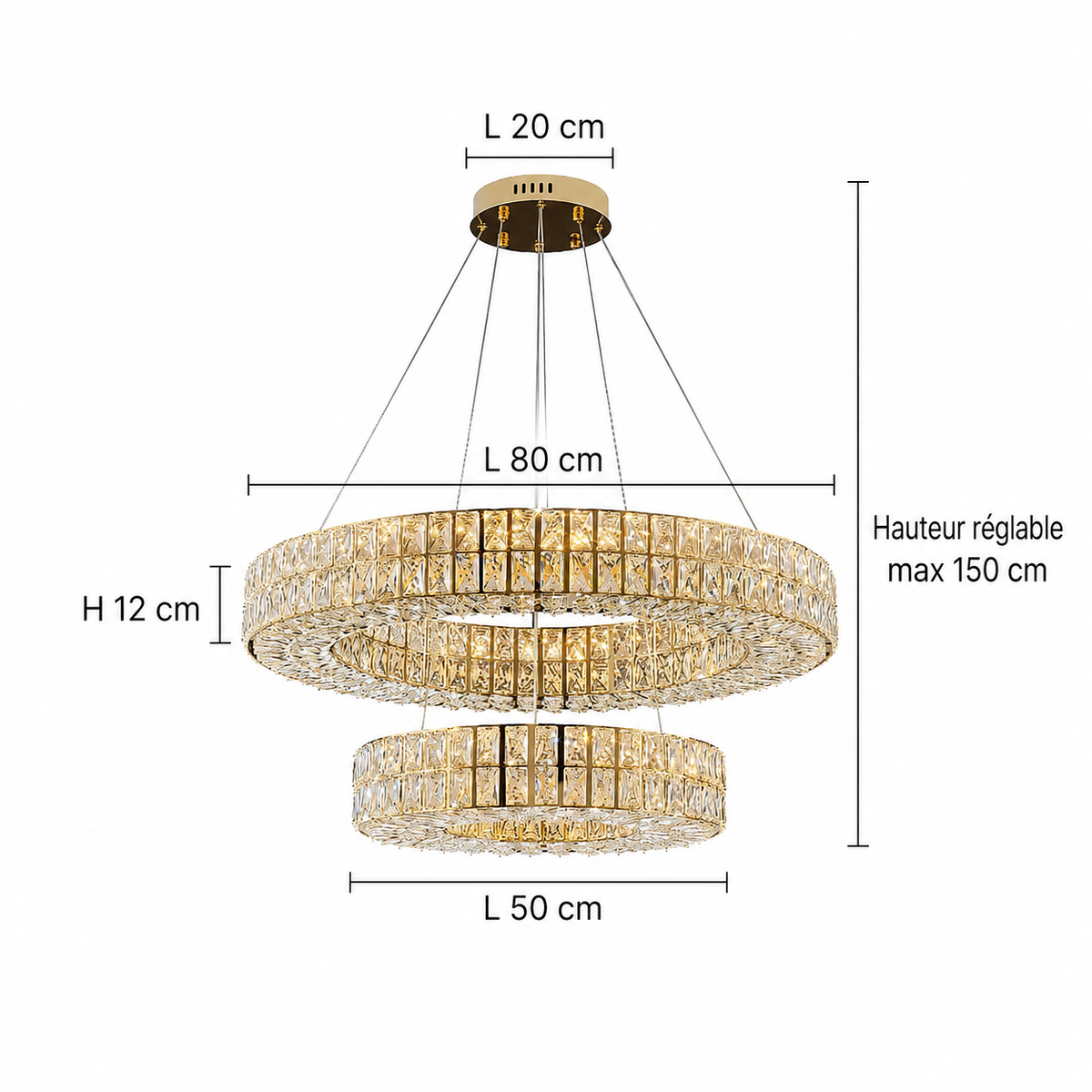 Lustre Cristal Doré à Double Anneau pour Salle à Manger Lumio