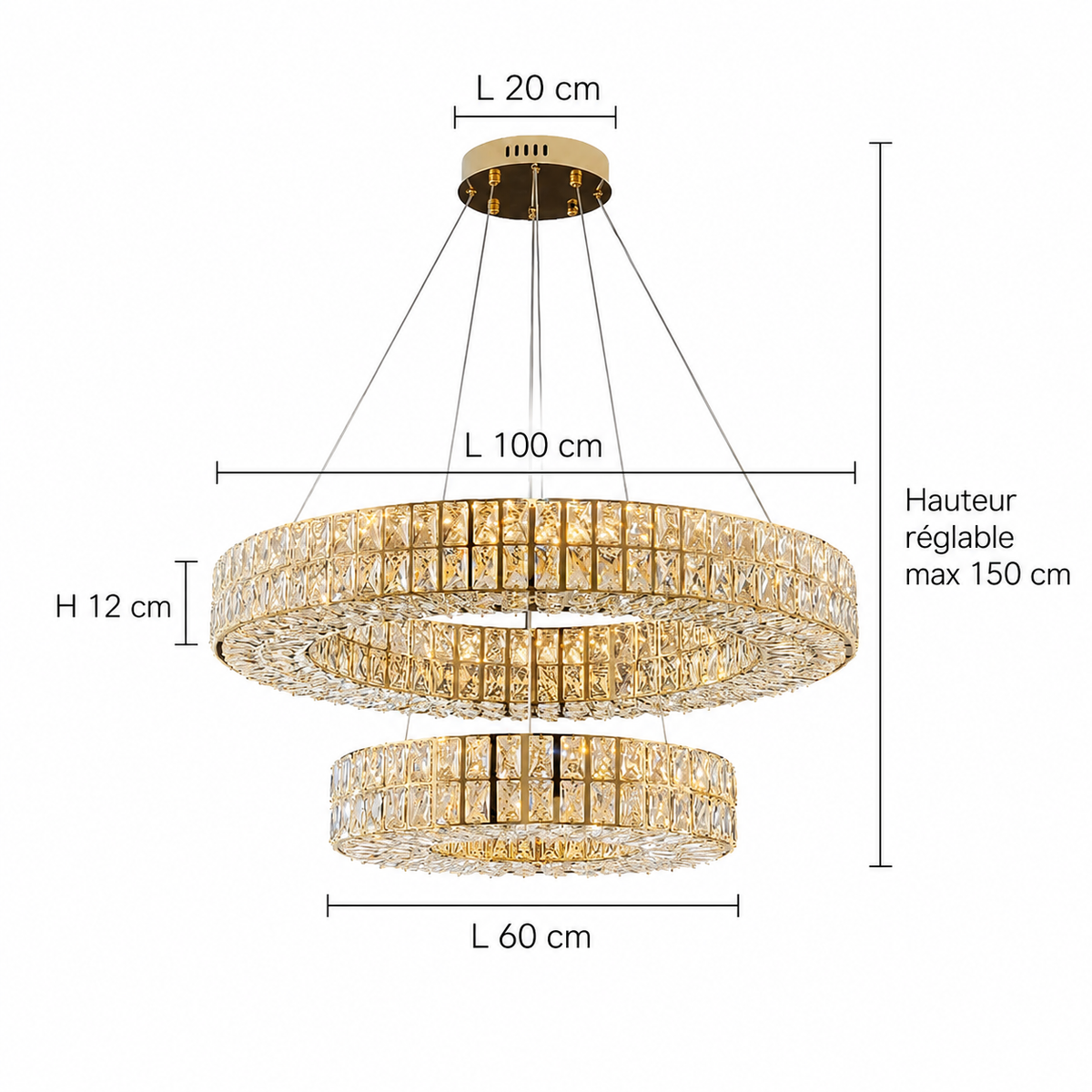 Lustre Cristal Doré à Double Anneau pour Salle à Manger Lumio