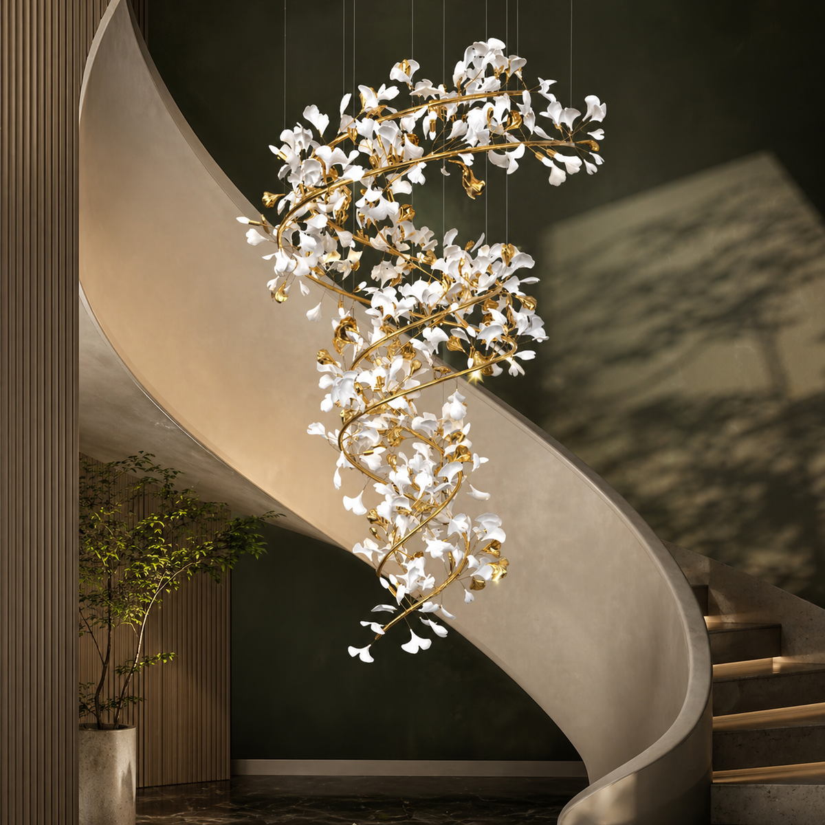 Lustre Doré en Céramique Florale