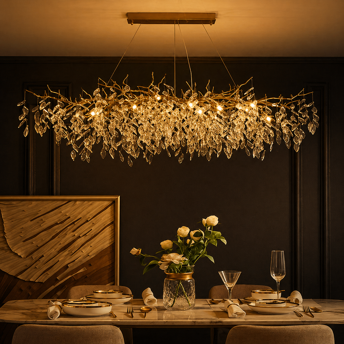 Lustre Cristal Feuillage Doré Luxueux
