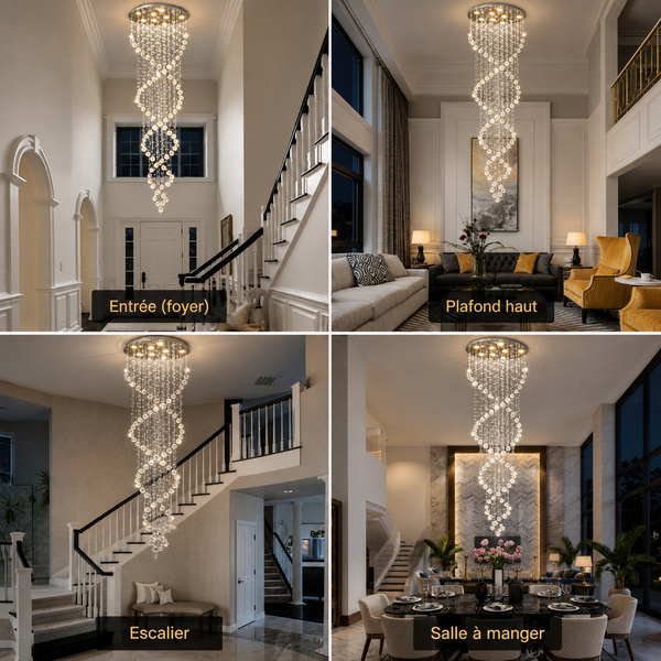 Lustre Double Spirale Cristal K9 Chrome pour Escalier et Entrée