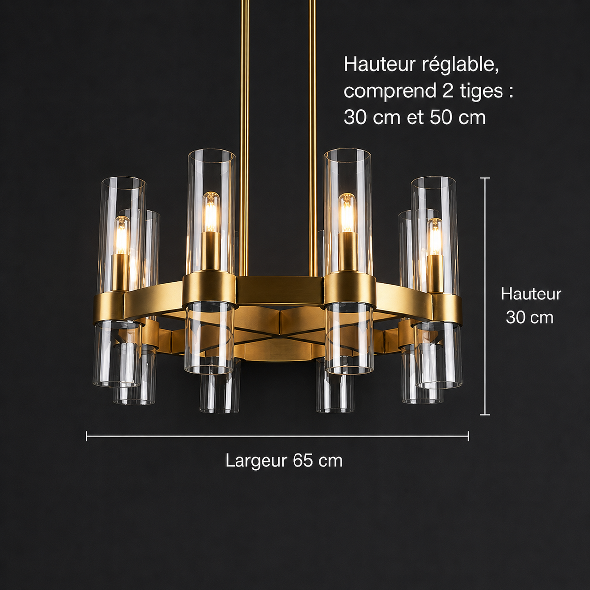 Lustre Tube Verre Transparent Doré pour Salle à Manger