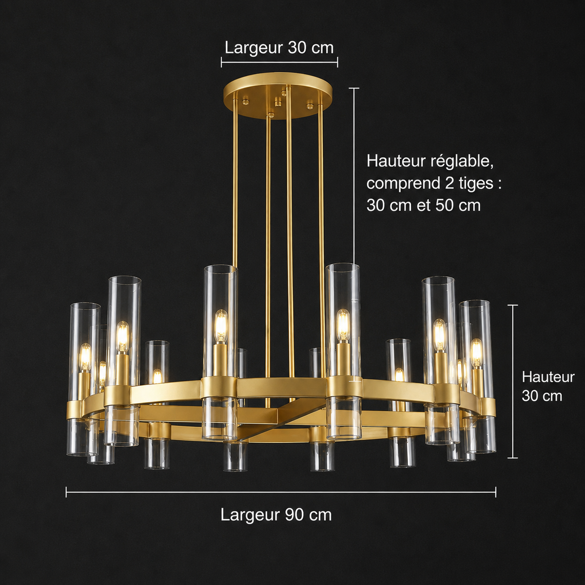 Lustre Tube Verre Transparent Doré pour Salle à Manger