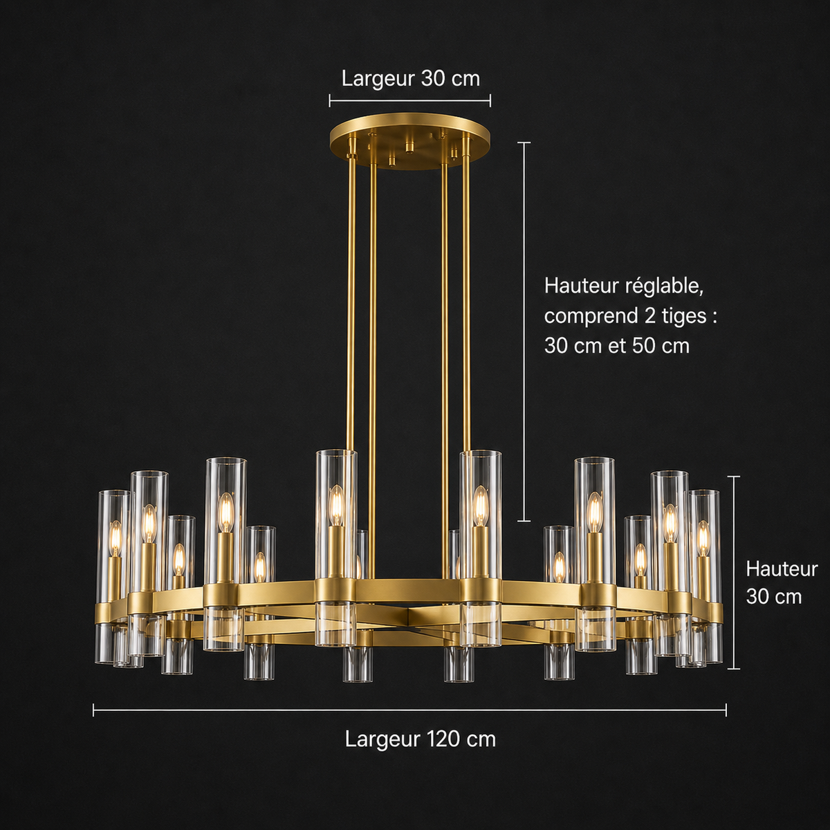 Lustre Tube Verre Transparent Doré pour Salle à Manger