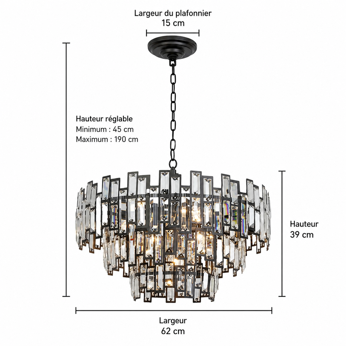 Lustre Cristal Noir K9 Rond pour Salle à Manger