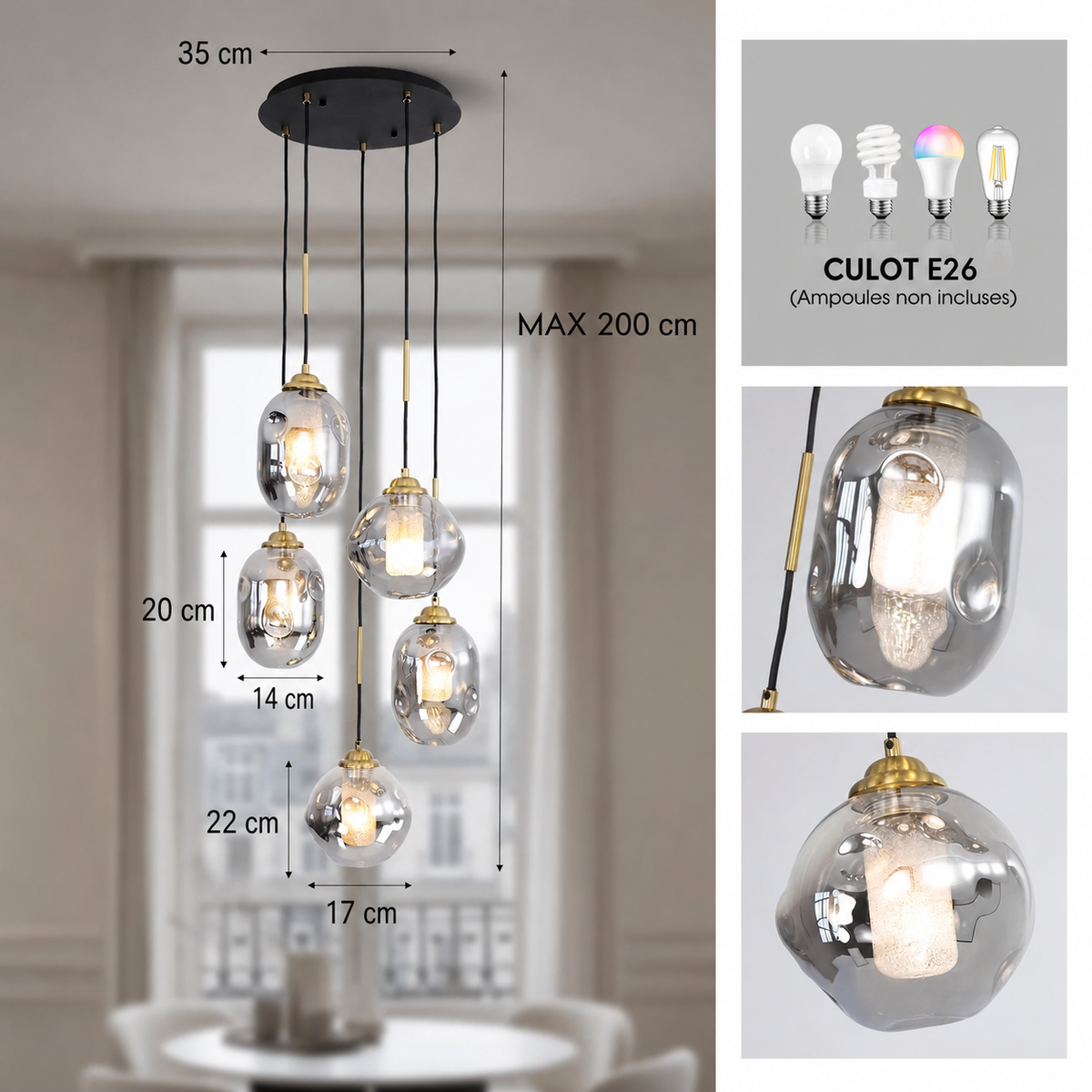 Lustre Verre Effet Lave Multi Lumières pour Escalier et Entrée