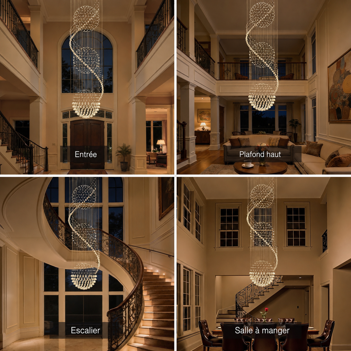 Lustre Spirale Cristal Triple Sphère pour Escalier et Entrée