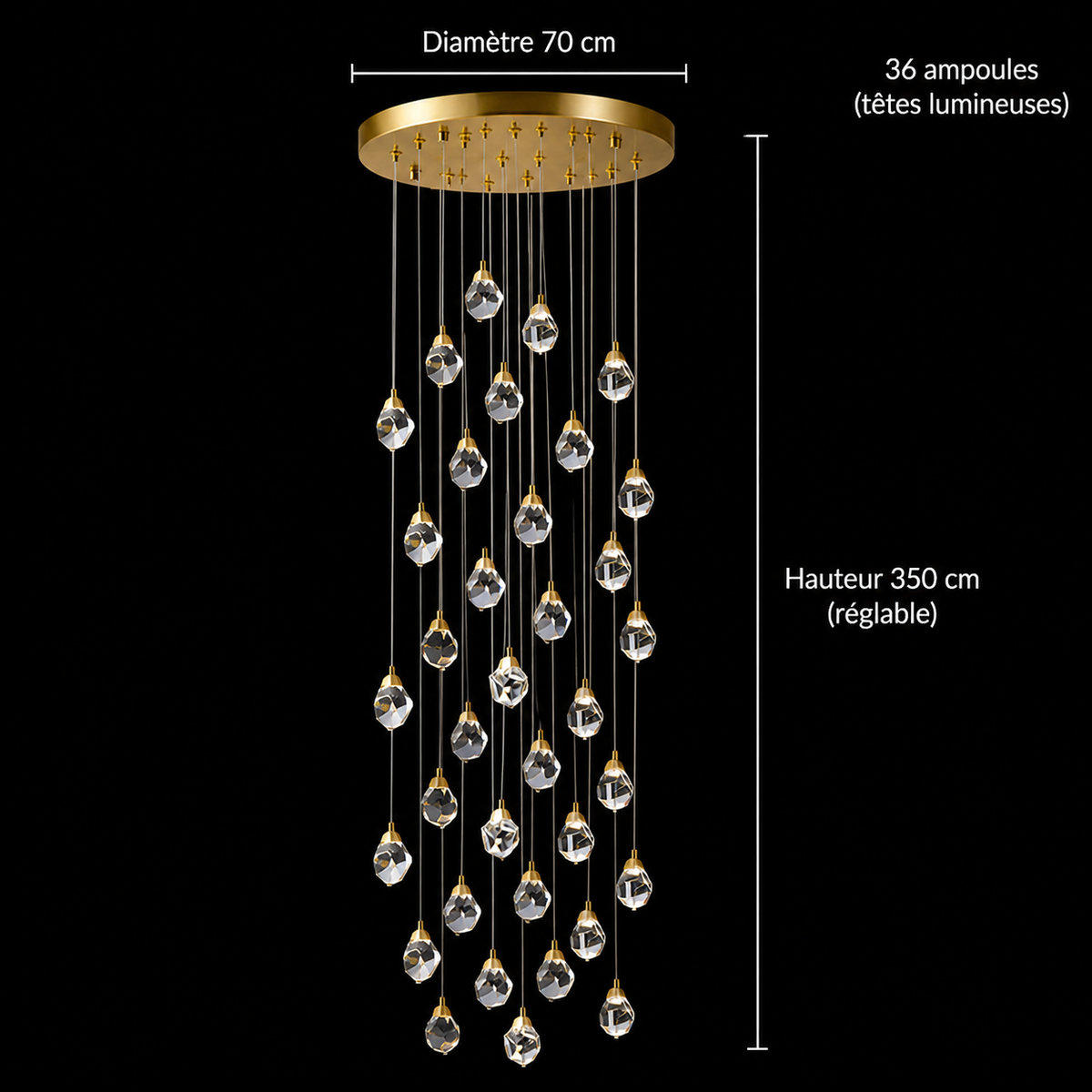 Lustre Cristal Gouttes Dorées pour Escalier et Entrée