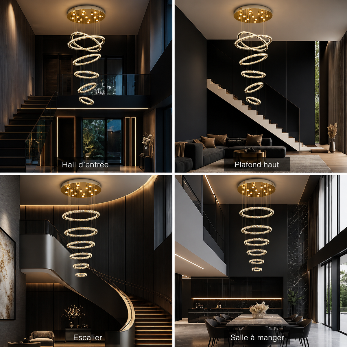 Lustre Multi-Anneaux Cristal Moderne pour Salle à Manger