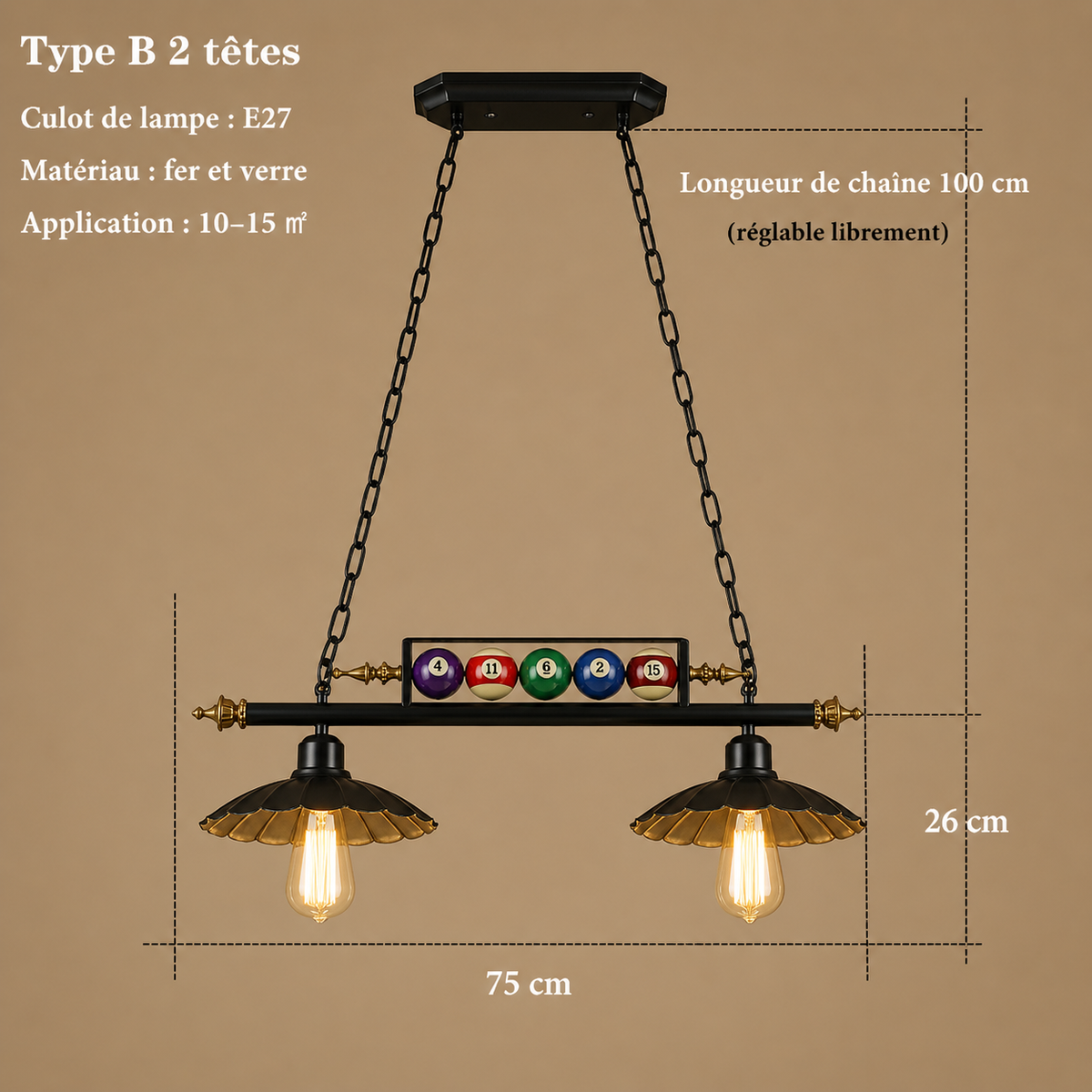 Lustre Billard Rétro 3 Lumières en Métal Lumio
