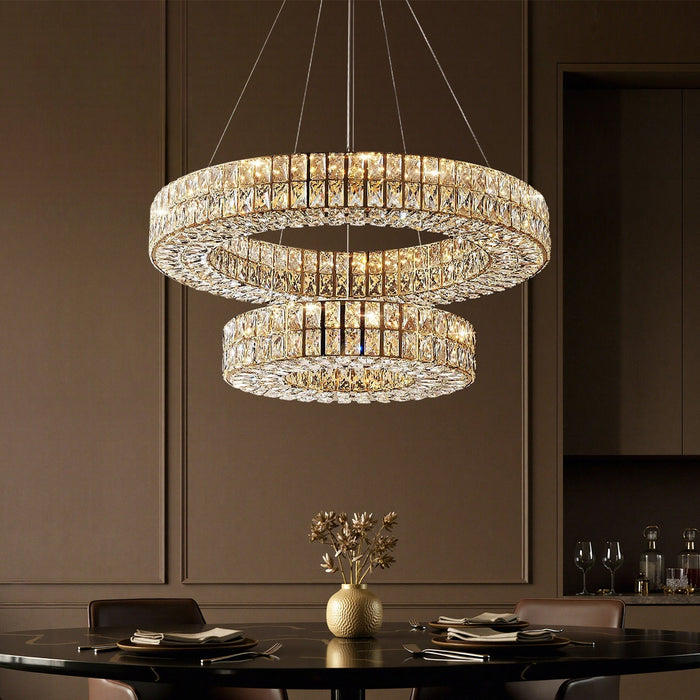 Lustre Cristal Doré à Double Anneau pour Salle à Manger