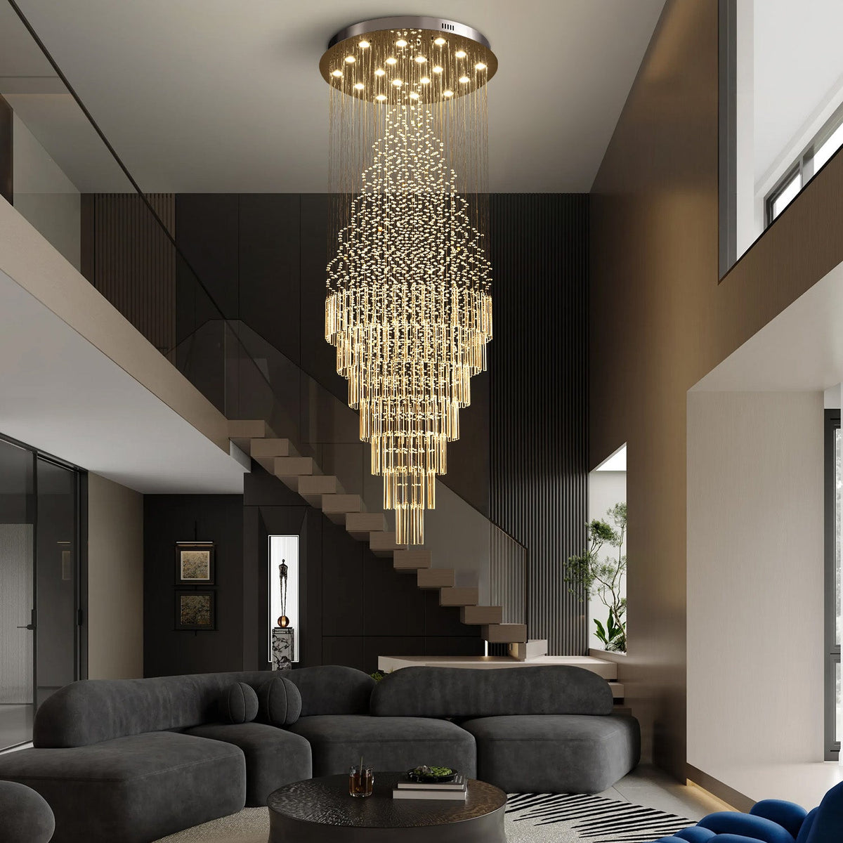 Lustre Cristal Gouttes Flottantes pour Escalier et Entrée