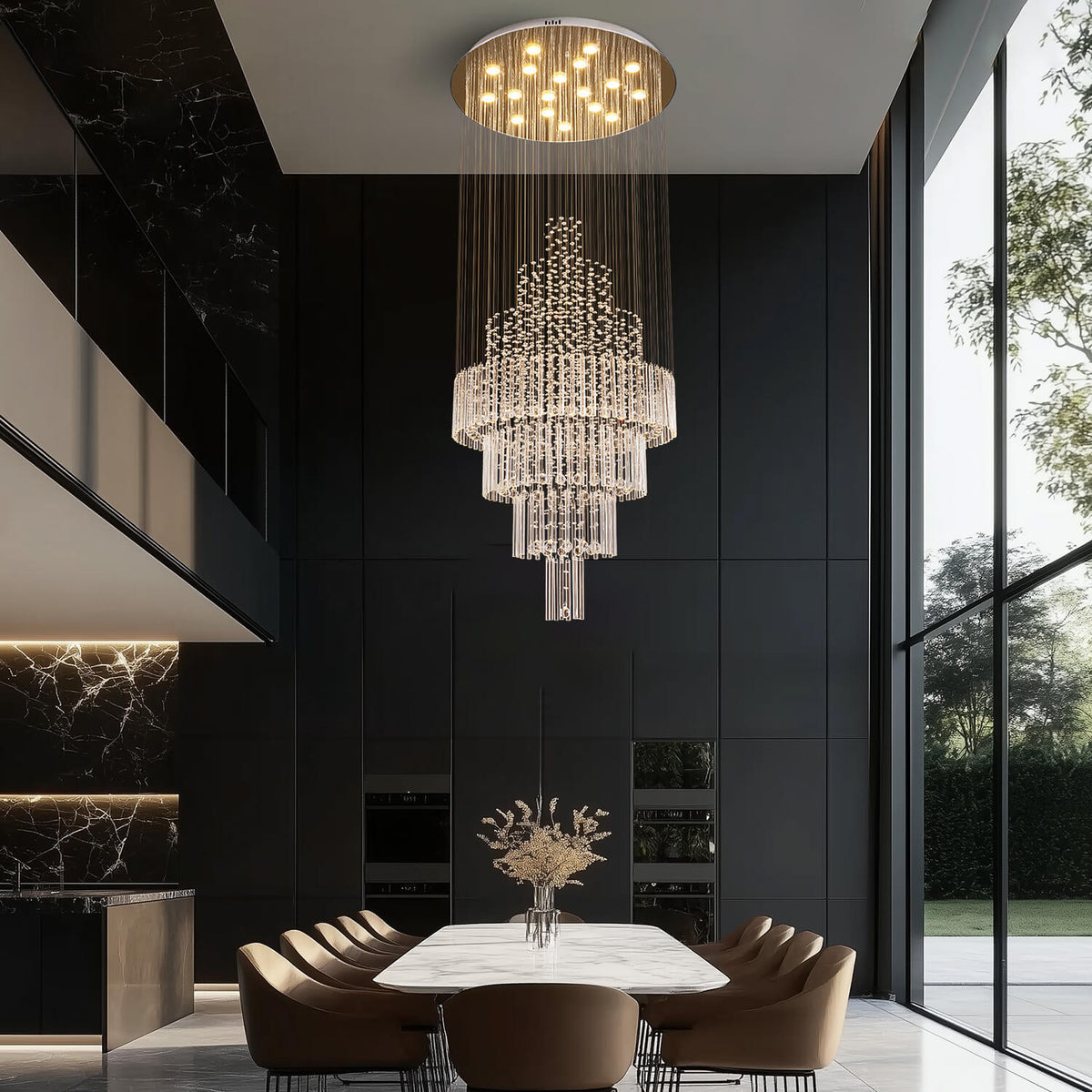 Lustre Rond Cristal Argenté allumé ambiance