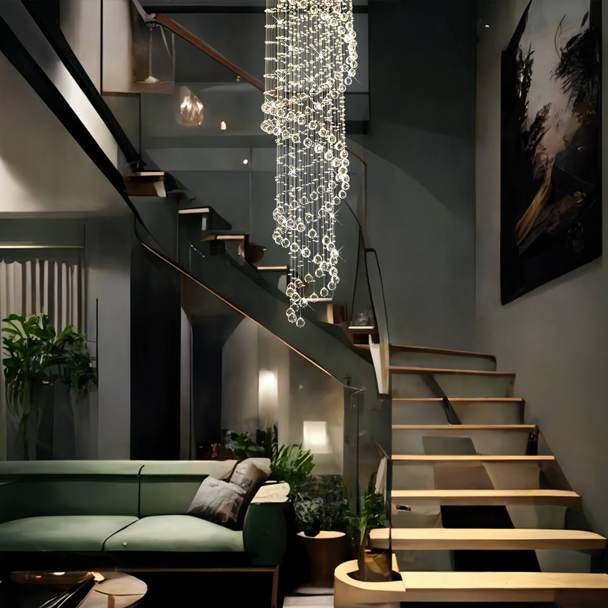 Lustre Spirale Pluie Cristal Chrome pour Escalier et Entrée