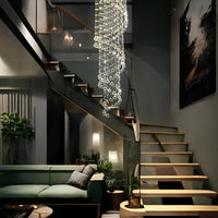 Lustre Spirale Pluie Cristal Chrome pour Escalier et Entrée
