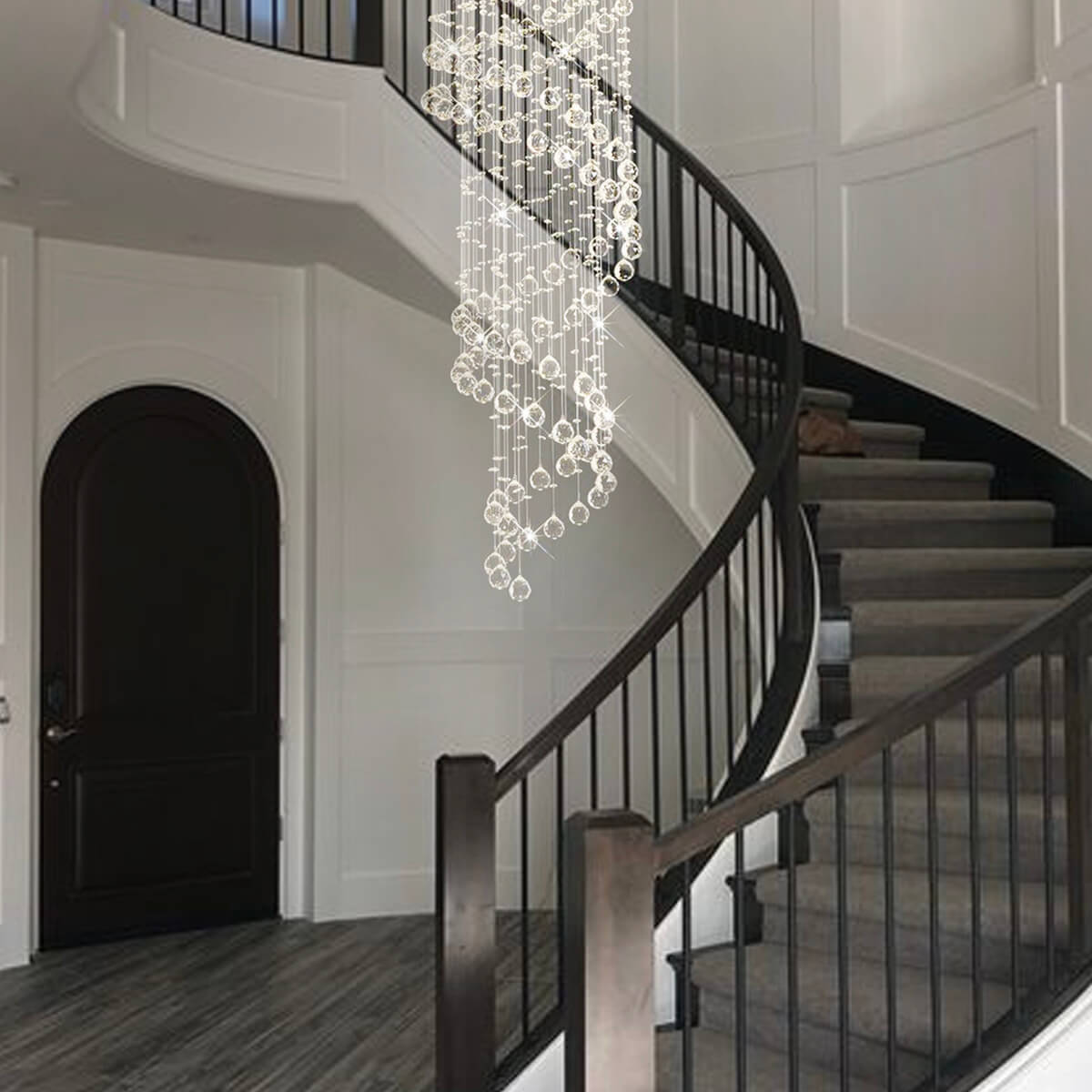 Lustre Spirale Pluie Cristal Chrome pour Escalier et Entrée