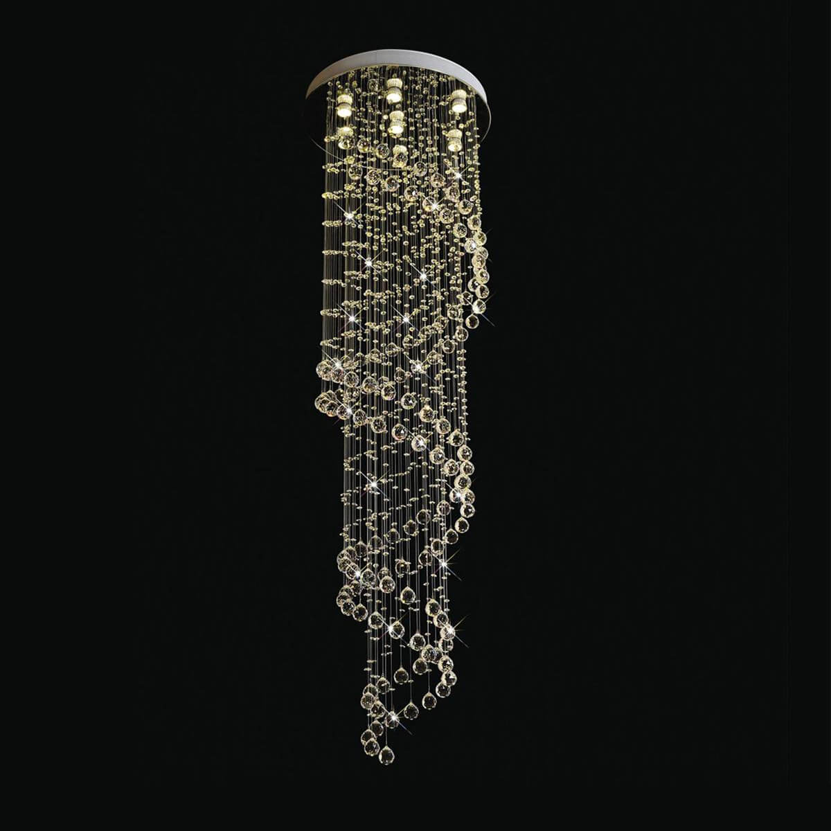 Lustre Spirale Pluie Cristal Chrome pour Escalier et Entrée