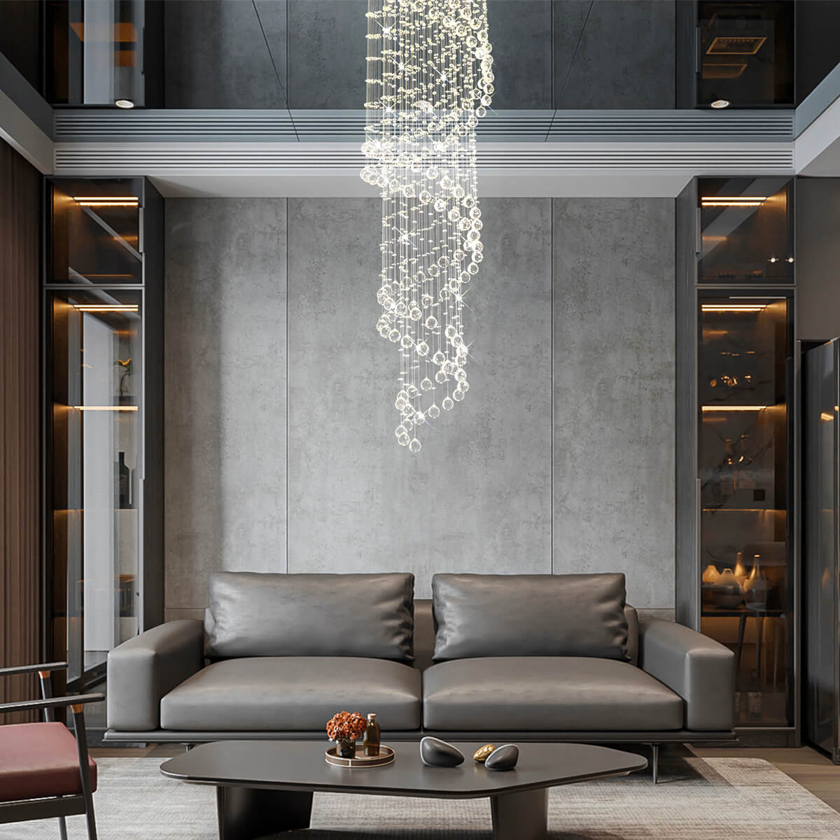 Lustre Spirale Pluie Cristal Chrome pour Escalier et Entrée
